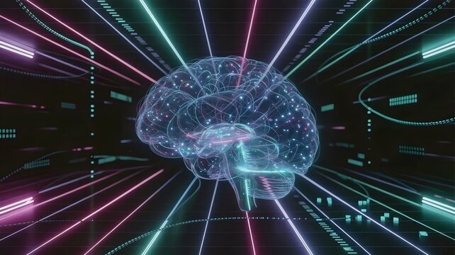 Cyan neural brain sphere with binary code streams &ndash; Perfect for data science, internet of things, or digital consciousness.