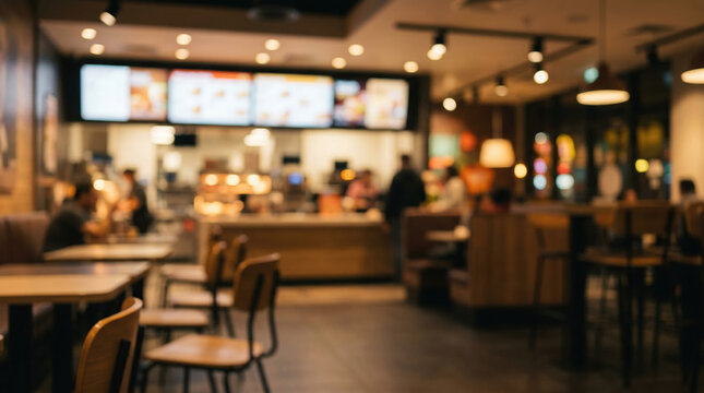 Blurred Fast Food Restaurant Interior with Defocused Menu Boards and Counter
