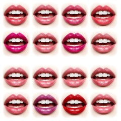 Obraz premium A collection of sixteen different shades of lipstick on smiling mouths with white healthy teeth