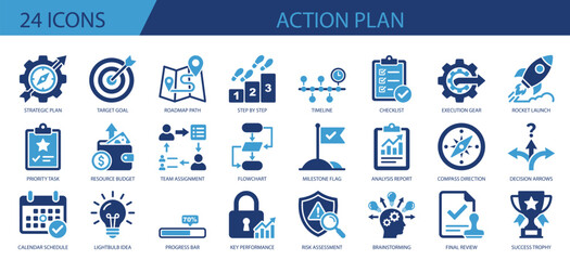 Action plan icon set. Flat illustration vector solid icons. Action plan icons for planning and management. © zenvico