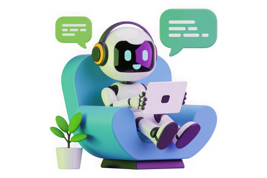  friendly cartoon robot sitting on chair with laptop isolated on transparent background