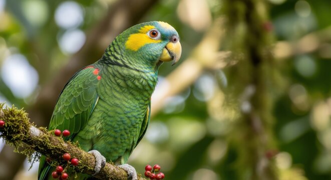 A vibrant Red-lored Amazon parrot with bright yellow markings perched on a mossy branch in its tropical forest habitat
