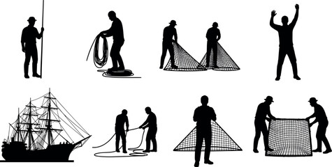 Fishermen silhouette collection with fishing nets, ropes and sailing ship, maritime workers preparing catch at harbor, traditional sea occupation vector illustration isolated on white. © MdZahedul