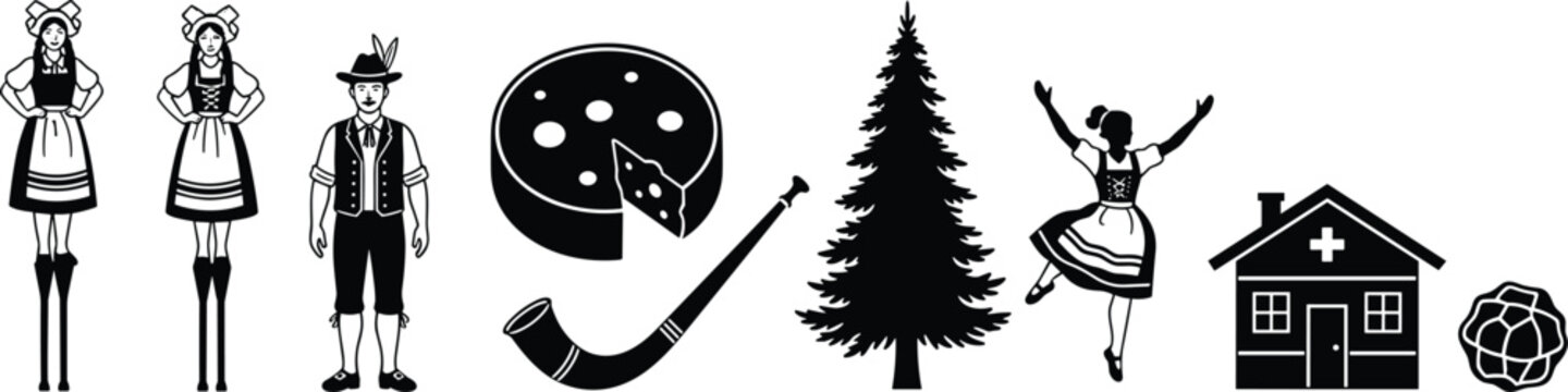 Swiss Culture Illustration Set Featuring Traditional Clothing Alphorn Alpine Horn Cheese Pine Tree Chalet House and Folklore Elements