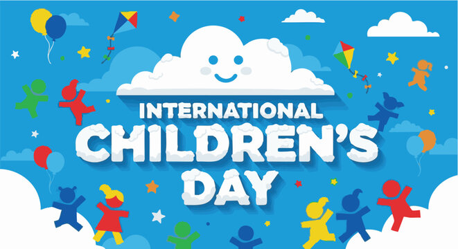 International Childrens Day celebration colorful illustration with smiling cloud and balloons in bright lighting for greeting card
