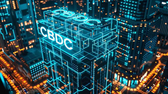 Futuristic cityscape with glowing cbdc tower above neon-lit skyline