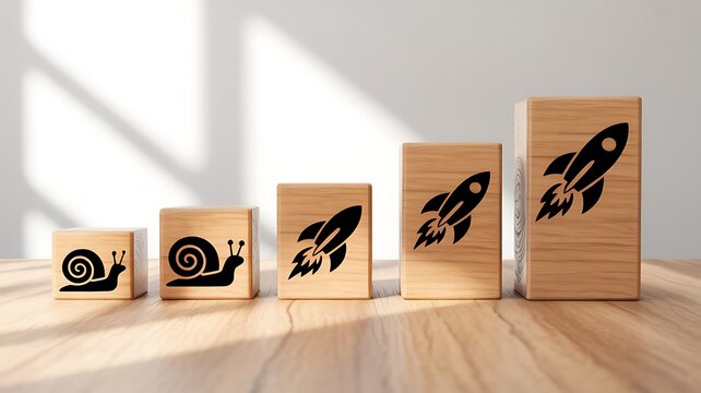 Wooden blocks arranged in ascending bars showing a turtle icon and then rocket icons, symbolizing slow start to rapid progress, bar chart
