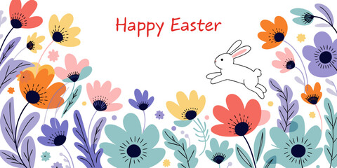 Modern abstract flowers and leaves background with Happy Easter greetings and bunny. Springtime frame background. © Raisa
