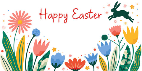 Modern abstract flowers and leaves background with Happy Easter greetings and bunny. Springtime frame background. 10 © Raisa