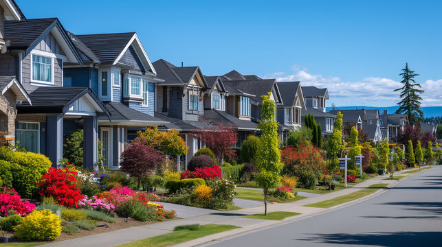 Empty suburban cul-de-sac with overflowing for sale signs scattered across manicured lawns under harsh afternoon sunlight revealing housing crisis reality, perfect for real estate