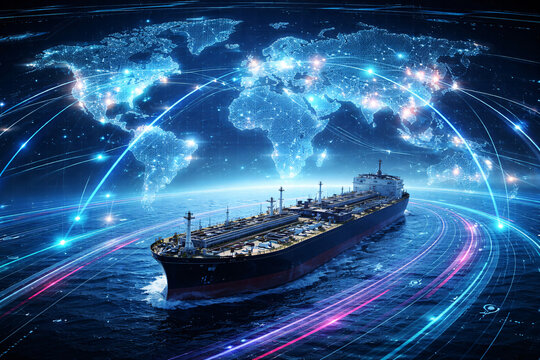 Oil tanker ship sailing on ocean with digital world map and glowing connection lines. Concept of global logistics, international trade, maritime transport, and supply chain connectivity.
