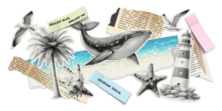 Vector summer and ocean illustrations cut out from magazines, scraps of old newspapers and stickers with quotes. Trendy retro elements with a halftone effect for collage, poster, banner, cover design.