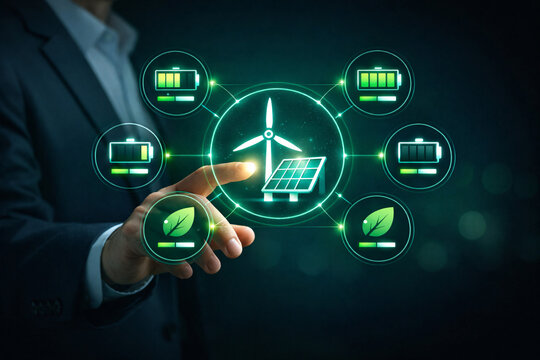 Renewable energy and sustainable technology concept. Businessman touching virtual interface with wind turbine, solar panel, and battery storage icons for green energy and ESG development.