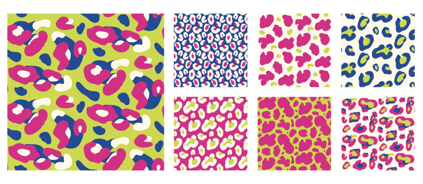 Animal pattern set with vibrant bold color for girly Y2K print. Seamless fuchsia and green animalistic pattern on blue background in kitsch. Vector repeat with punk naive scatter and freeform spots.