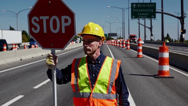 Safety Flagger Directs Traffic. Highvisibility Worker Halts Cars During Roadway Work Hours. Roadside Personnel In Safety Gear Signals Vehicles To Cease And Merge Safely During Construction