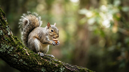 Fototapeta premium Eastern gray squirrel clutching a freshly gathered acorn while perched securely on a moss-covered tree branch enjoying lunch