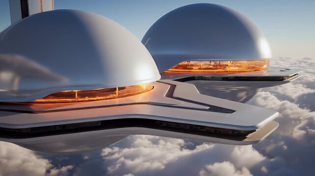 Futuristic city domes floating above clouds, glowing with warm light
