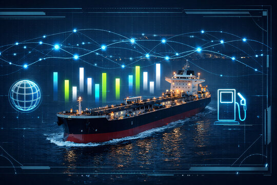 Oil tanker ship with digital data analytics and global maritime logistics concept. Large cargo vessel on ocean with bar chart and network lines representing smart shipping and fuel market trends.