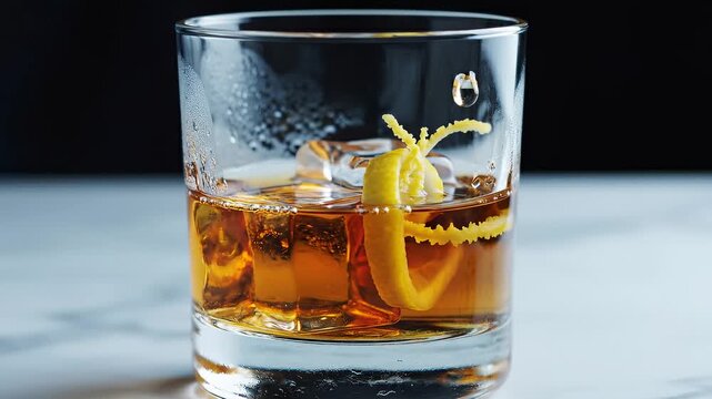 Close-Up of Whiskey Cocktail With Ice and Lemon Peel Being Poured in Slow Motion