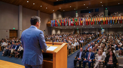 Obraz premium A man in a blue suit stands at a podium addressing a large audience in a crowded auditorium with flags hanging from the balcony
