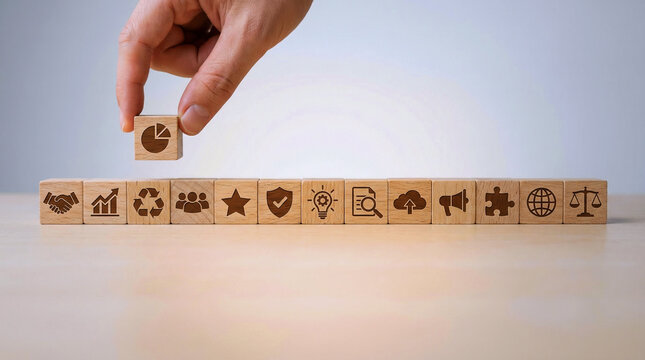 A hand placing a wooden block with a pie chart icon on top of a row of blocks with various business and strategy symbols.