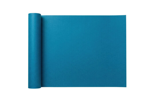 Partially unrolled blue paper top view isolated. Blank poster template.