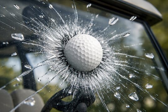 Closeup of a golf ball breaking a golf cart windshield