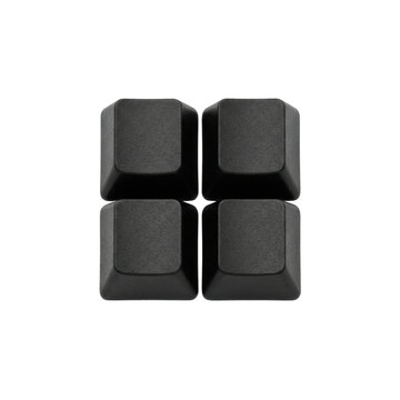 Four blank black computer keycaps top view isolated. Minimalist keyboard button set.