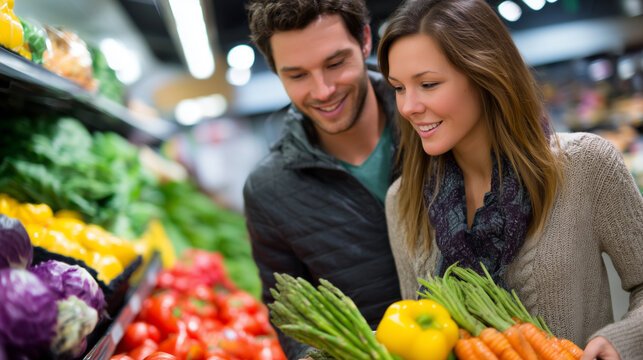 Newlyweds discovering incompatible grocery shopping styles in vibrant supermarket aisle, humorous domestic adjustment and household management learning, ideal for retail lifestyle,