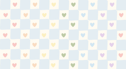 Pastel rainbow colored heart gingham pattern. Retro hand-drawn blue and white checkerboard background. Cute aesthetic design for pride, nursery decor, stationery, and social media. Vector illustration