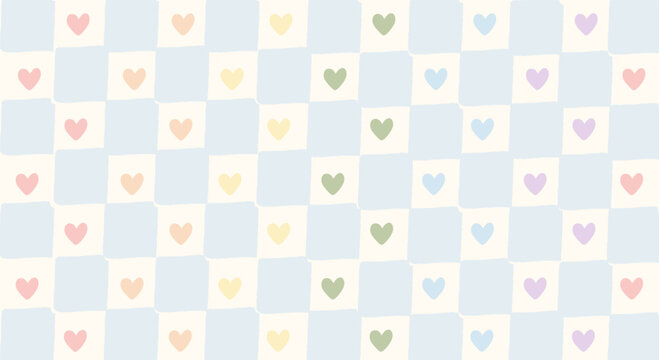 Pastel rainbow colored heart gingham pattern. Retro hand-drawn blue and white checkerboard background. Cute aesthetic design for pride, nursery decor, stationery, and social media. Vector illustration