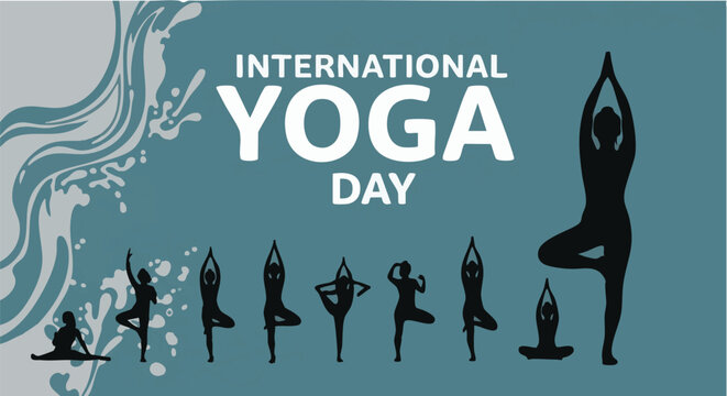 International Yoga Day celebration poster with silhouettes in blue background for wellness