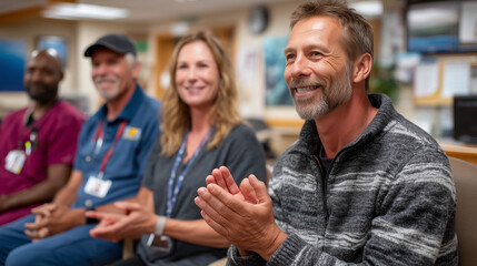 Obraz premium Bariatric surgery patient celebrating six-month milestone with support group in hospital community room, shared experiences, evening gathering, perfect for recovery community, surg