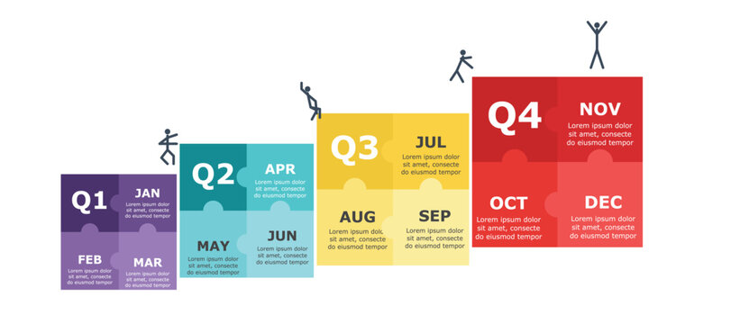 Quarterly Business Puzzle Infographic Showing Four Stages From Q1 To Q4 For Yearly Planning And Strategic Timeline Progress Data Presentation