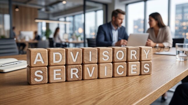 Business professionals collaborate in modern office with advisory services blocks.