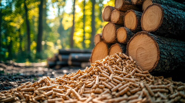 Wood pellets and logs in a forest background.