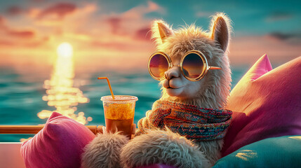 Fototapeta premium A llama wearing sunglasses and a scarf is lying on pillows with a drink in hand, with a sea and sunset in the background. The concept of a summer vacation, a tropical resort in a cartoon style.