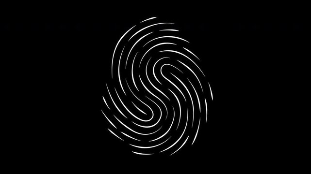 Animated fingerprint scan with shifting lines and digital noise on black background. Futuristic biometric identification concept, seamless loop, 4K UHD motion graphics.