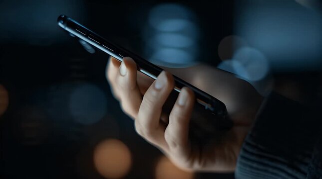 Close-up of hand holding smartphone in dimly lit environment