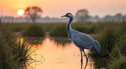 Obraz premium A majestic crane stands in a serene marsh at sunset, its long neck and legs reaching into the water.