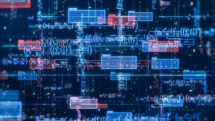 Fototapeta premium Complex futuristic network with math expressions and equations, concept of ai assistant, machine learning, neural network, science and technology (3d render)