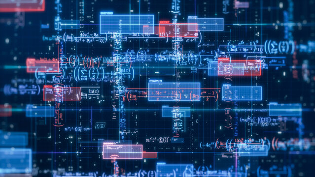 Complex futuristic network with math expressions and equations, concept of ai assistant, machine learning, neural network, science and technology (3d render)