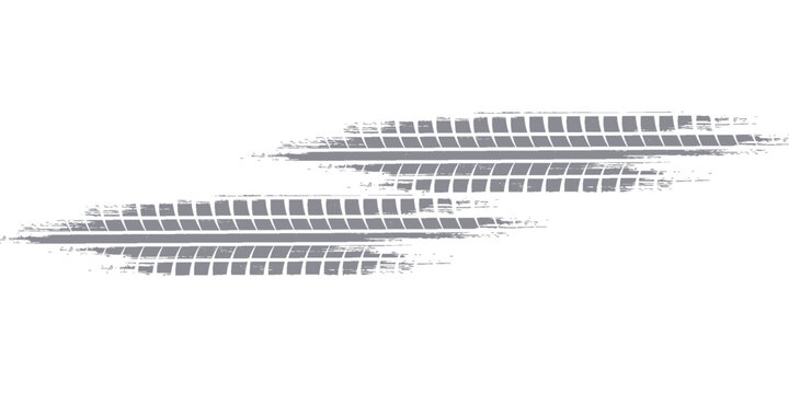 Grunge tire track, wheel braking marks. Truck, car or motorcycle tread pattern silhouette. Auto race, motorsport, speed racing design element. Vector illustration