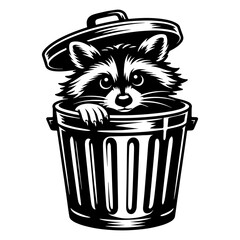 Curious Raccoon Peeking Out From Metal Trash Can, Funny Wildlife Animal Character, Trash Panda Scavenger Silhouette, Urban Nature Illustration © VisuaLabArt