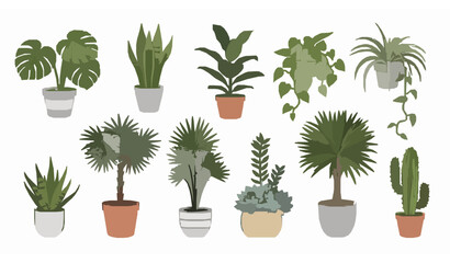 Obraz premium Flat style indoor plants and flower pot vector set with snake plant, monstera, cactus, and decorative greenery isolated