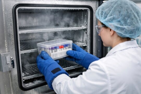 Scientist in lab coat, goggles and cryogenic gloves placing boxed vials into an ultra low temperature freezer for secure cold storage and sample preservation in research