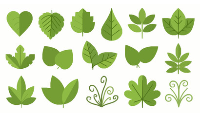 Fototapeta premium Flat green leaf vector set with eco-friendly and natural design icons isolated on white