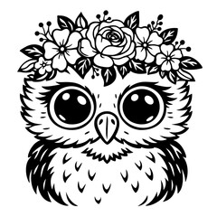 Fototapeta premium Adorable Baby Owl Wearing A Beautiful Flower Crown With Roses, Cute Bird Silhouette Illustration For Nursery And Nature Decor