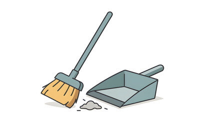 Fototapeta premium Broom sweeping a pile of dirt and dust into a dustpan, home cleaning scene illustrating household chore, tidy floor, hygiene and routine upkeep with basic cleaning tools