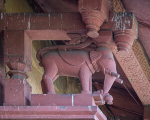 Closeup view of ancient red sandstone corbel elephant carving, mughal architecture detail, Lahore fort, Punjab, Pakistan © Cyril Redor